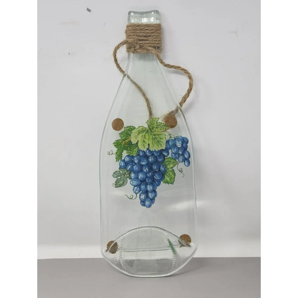 Decorative Glass Wall Hanging Bottle With Grape Design & Jute‎ Rope